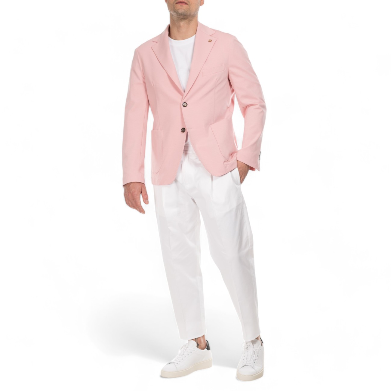 Outfit giacca rosa due bottoni