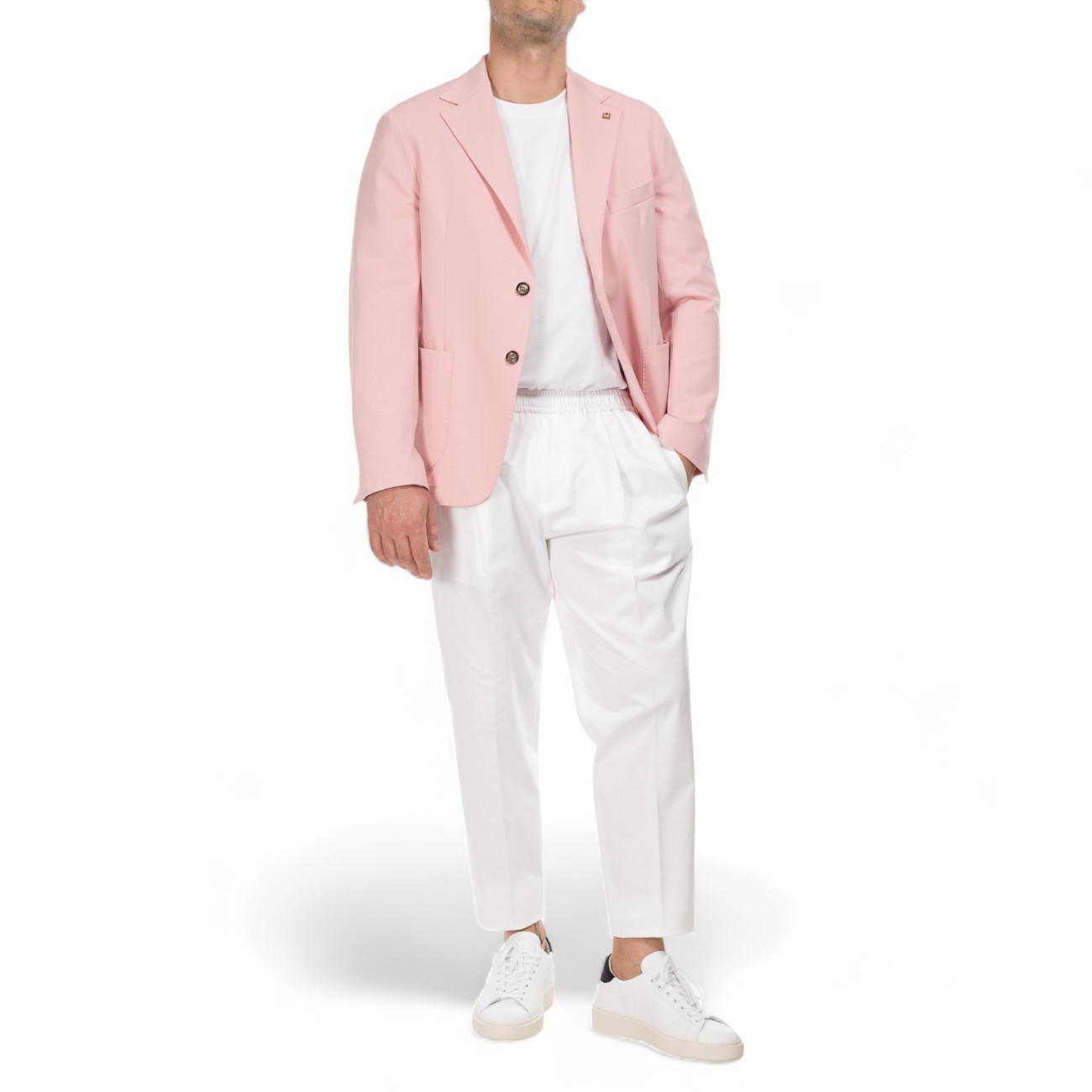 Outfit giacca rosa due bottoni